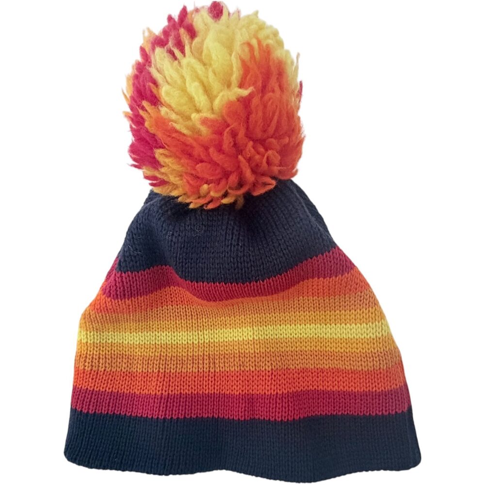Smiley Blue Pom-pom Striped Beanie Wool Men's One Size